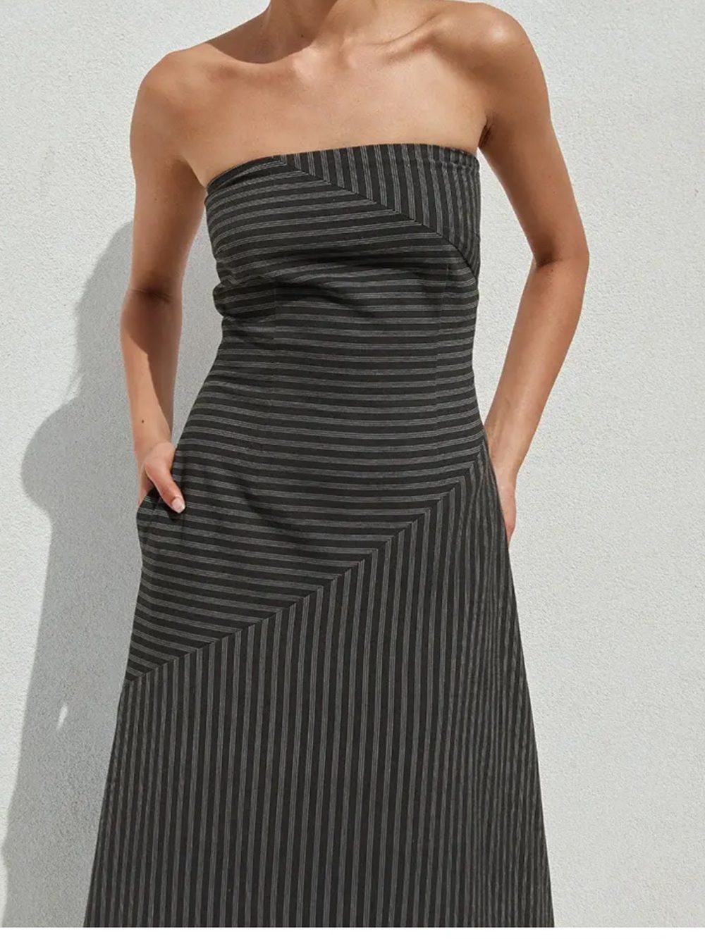 Strapless Black and Gray Pinstripe Maxi Dress - Picture 6 of 7
